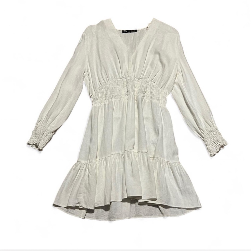 ZARA WOMAN'S OYSTER WHITE LINEN BLEND SMOCKED LONG SLEEVE DRESS SIZE MEDIUM